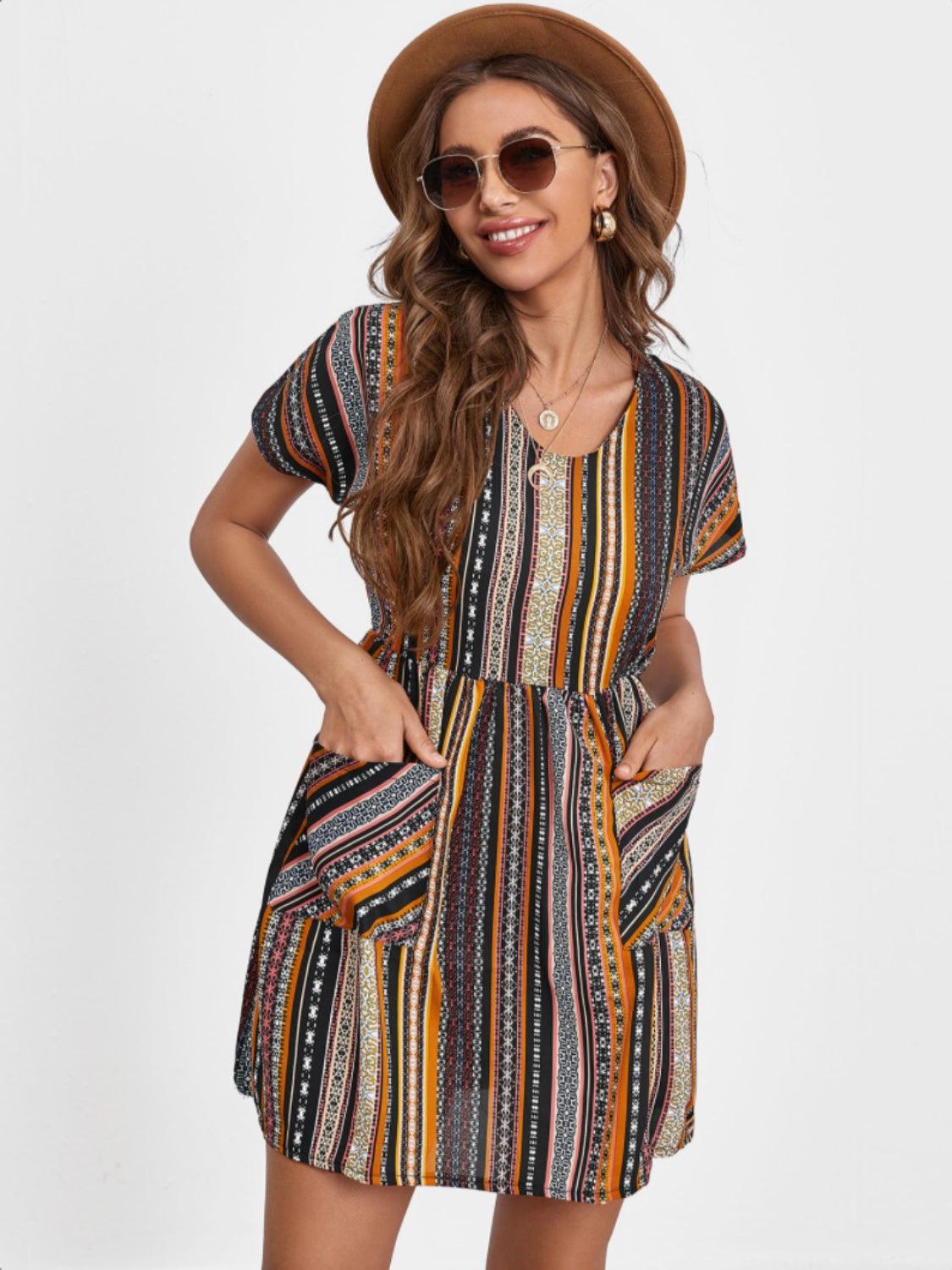 Pocketed Striped Short Sleeve Dress Carauana Store