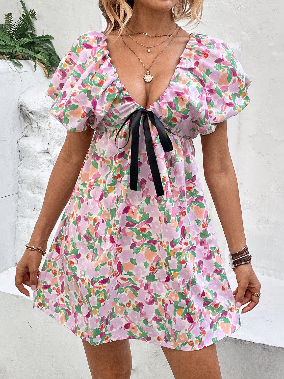 Printed V-Neck Puff Sleeve Mini Dress Carauana Store