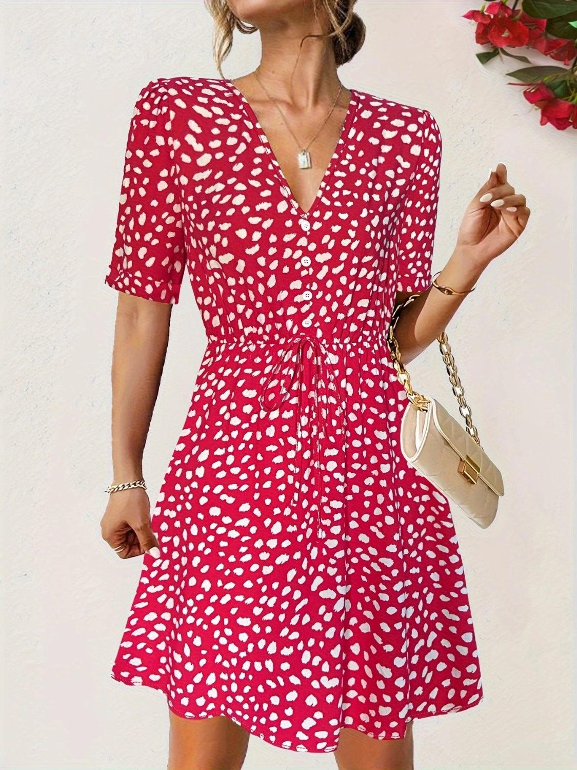 Printed V-Neck Short Sleeve Mini Dress Carauana Store