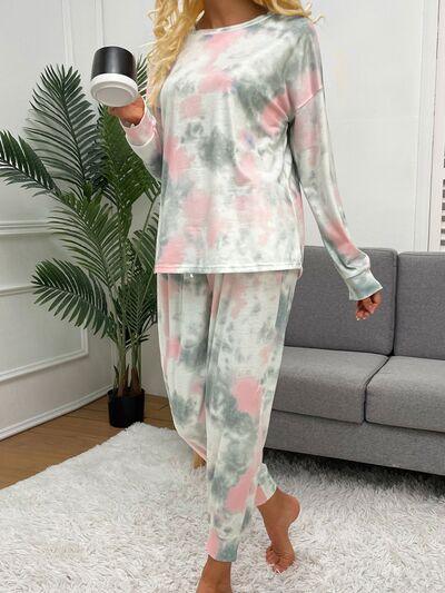 Tie-Dye Round Neck Top and Drawstring Pants Lounge Set Carauana Store