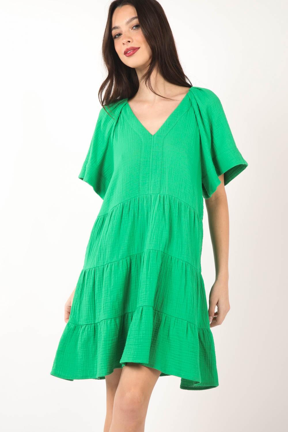 VERY J Texture V-Neck Ruffled Tiered Dress Carauana Store
