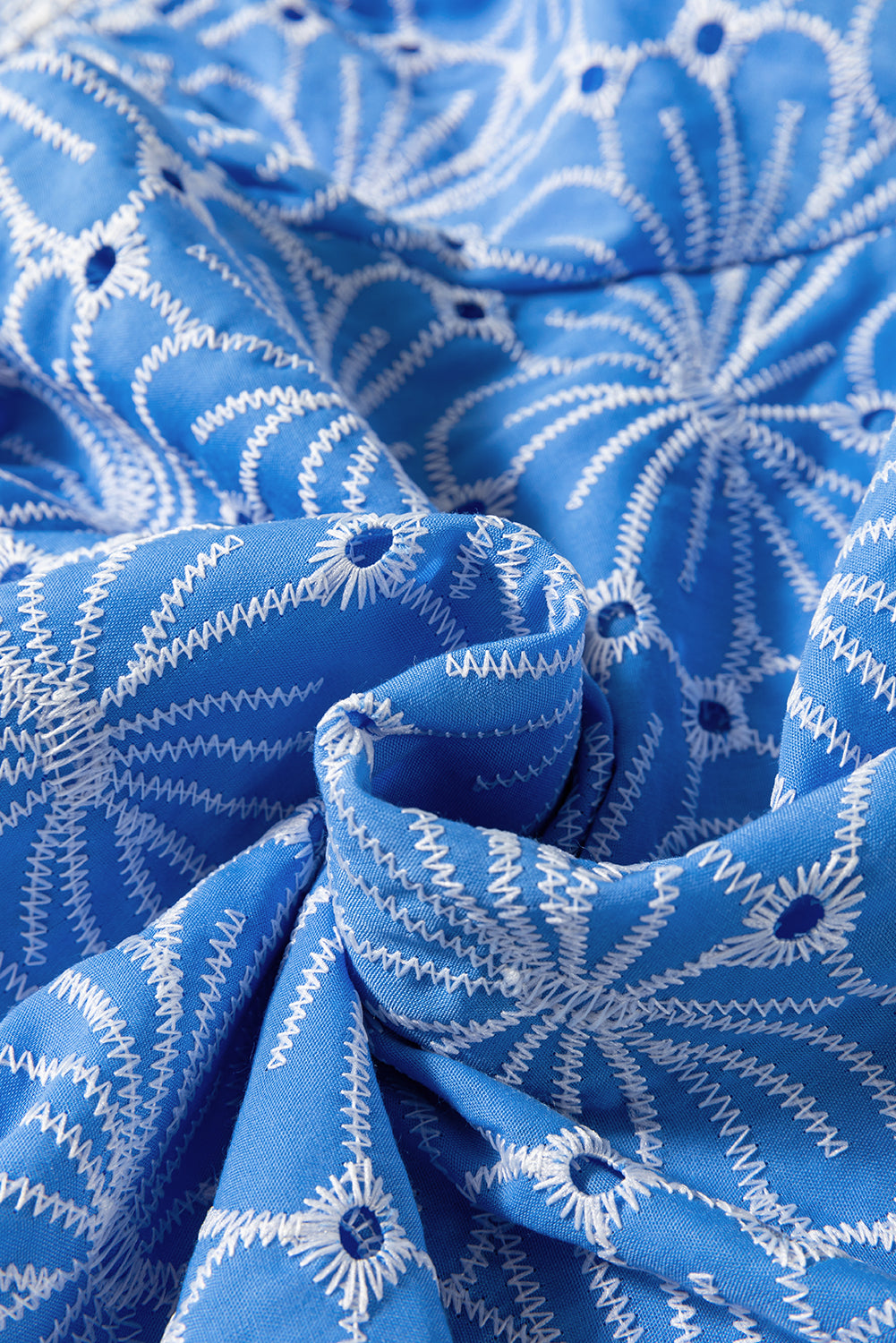 Sky Blue Eyelet Flower Embroidery Frilled Short Puff Sleeve Blouse