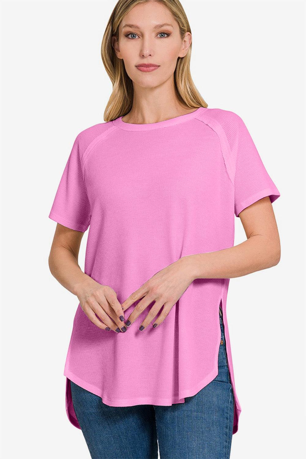 Zenana Slit Round Neck Short Sleeve Waffle Top Carauana Store