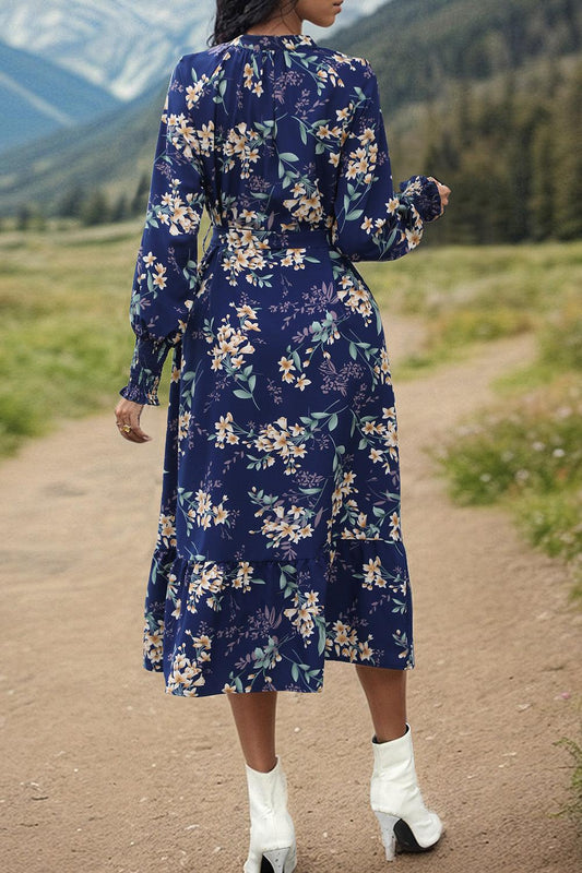 Printed Notched Lantern Sleeve Midi Dress Carauana Store