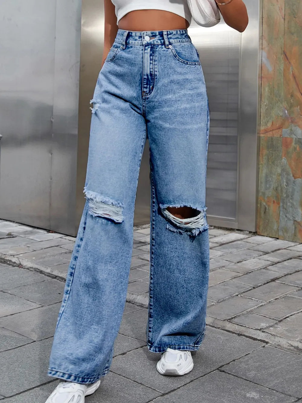 Distressed Wide Leg Jeans with Pockets Carauana Store
