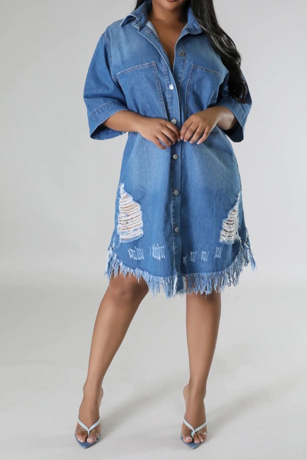 Distressed Raw Hem Button Up Denim Dress Carauana Store