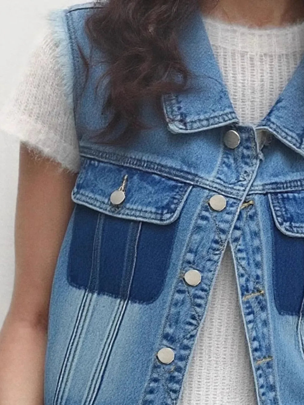 Raw Hem Pocketed Contrast Sleeveless Denim Jacket Carauana Store