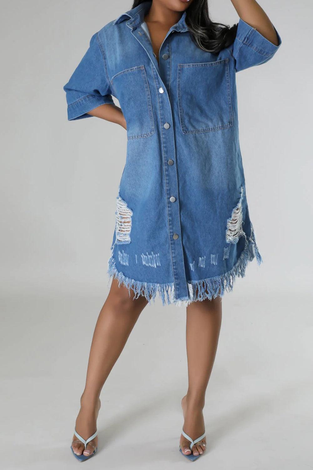 Distressed Raw Hem Button Up Denim Dress Carauana Store