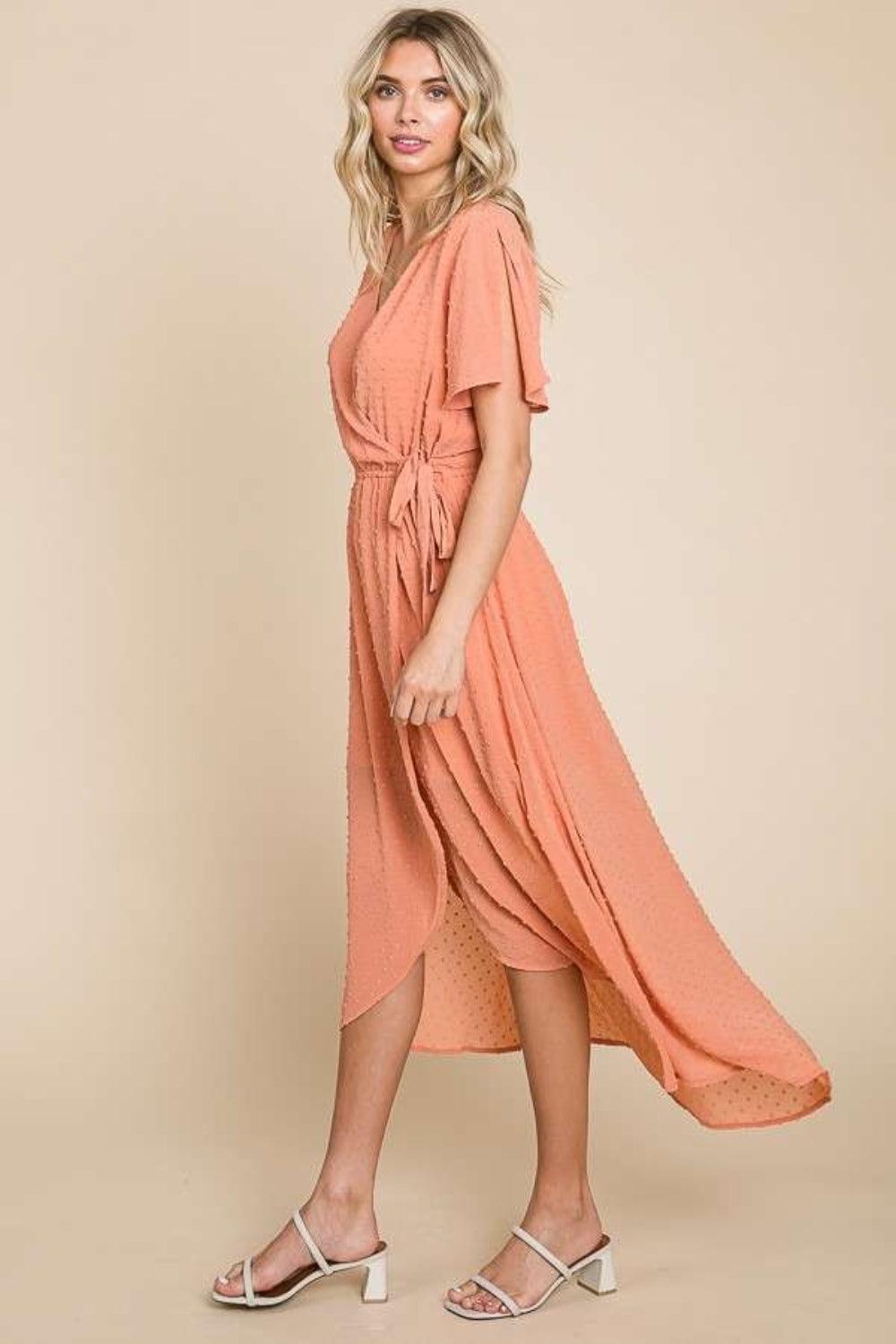 Culture Code Full Size Swiss Dot Tied Slit Short Sleeve Dress Carauana Store