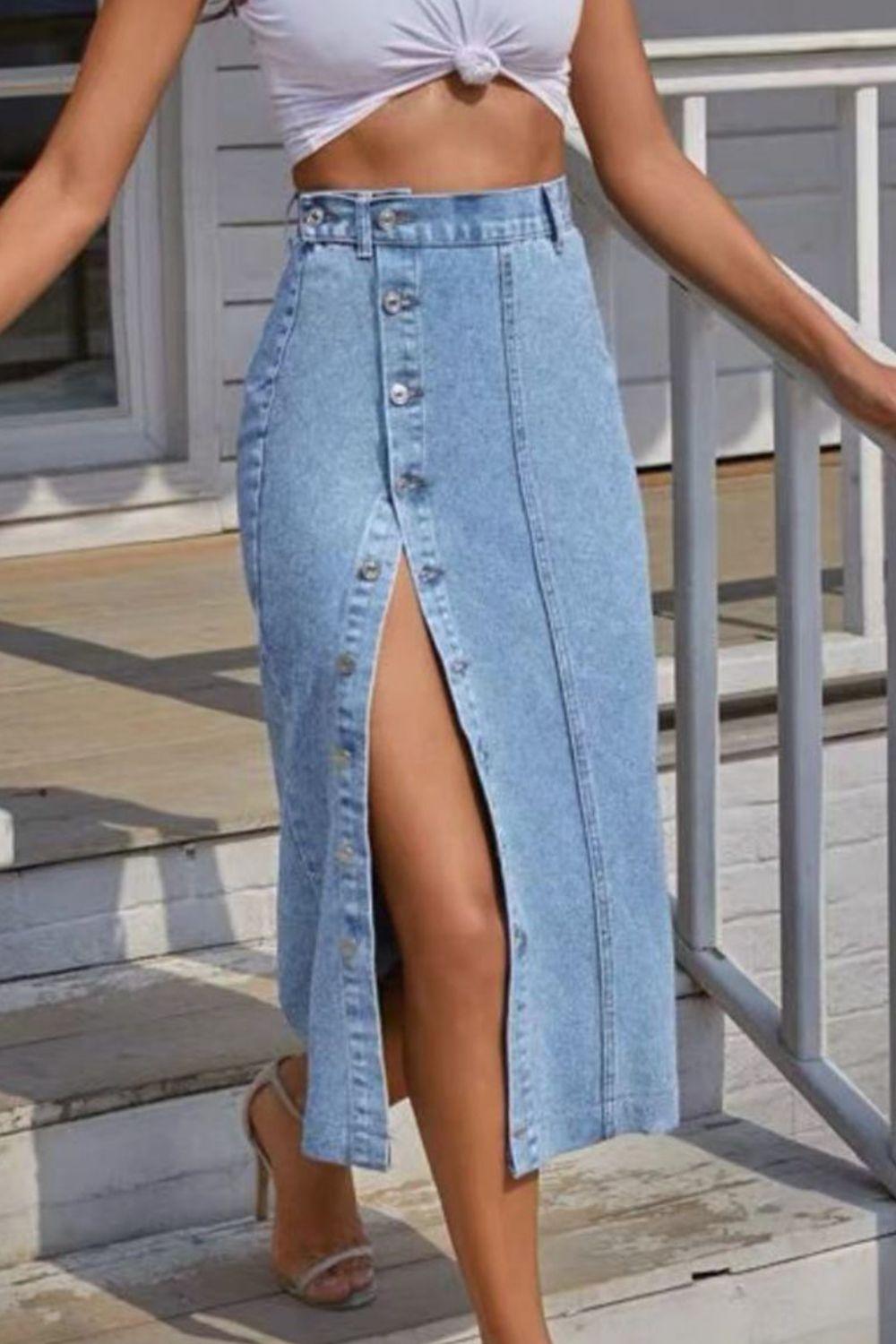 Buttoned Split Denim Skirt Carauana Store