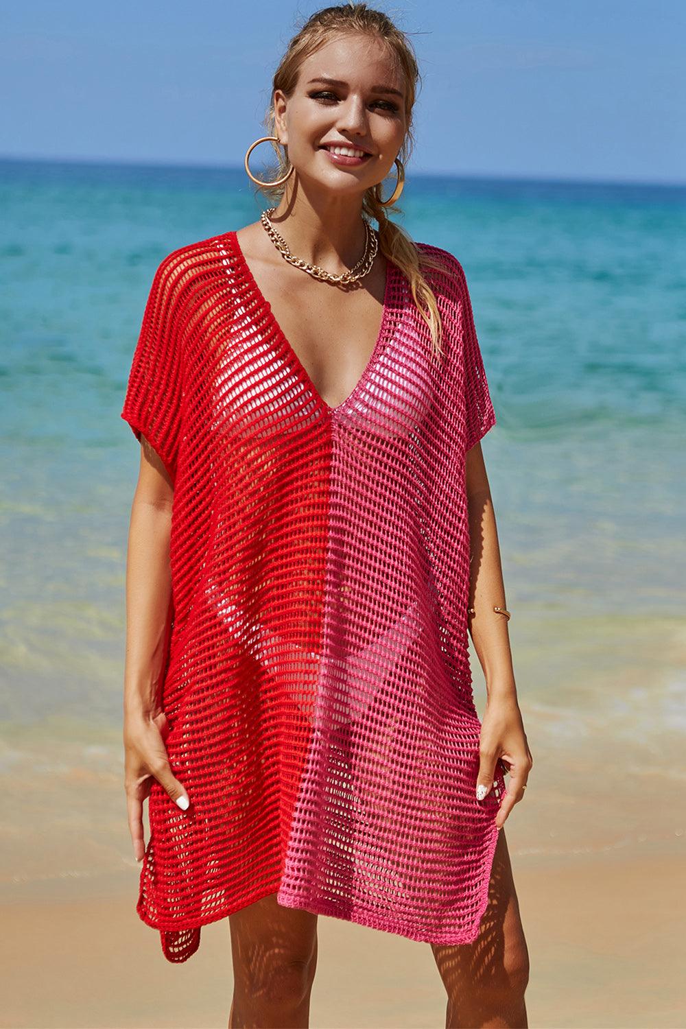 Double Take Openwork Contrast Slit Knit Cover Up Carauana Store