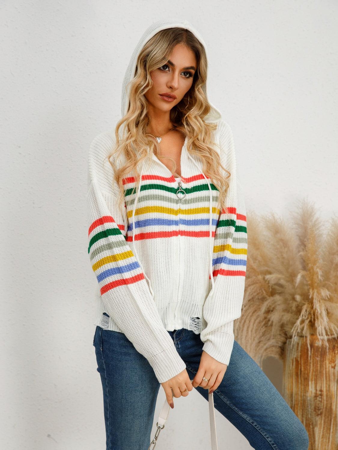 Drawstring Striped Dropped Shoulder Hooded Cardigan Carauana Store