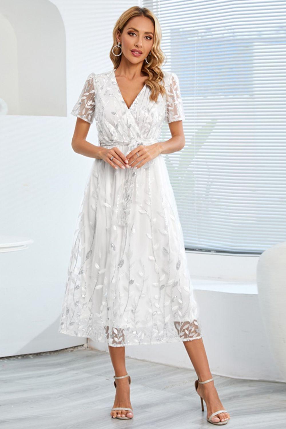 Sequin Leaf Embroidery Tie Front Short Sleeve Dress Carauana Store