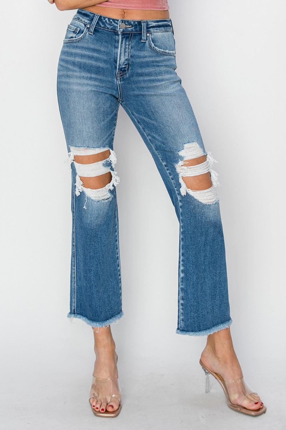 RISEN Mid Rise Distressed Cropped Flare Jeans Carauana Store