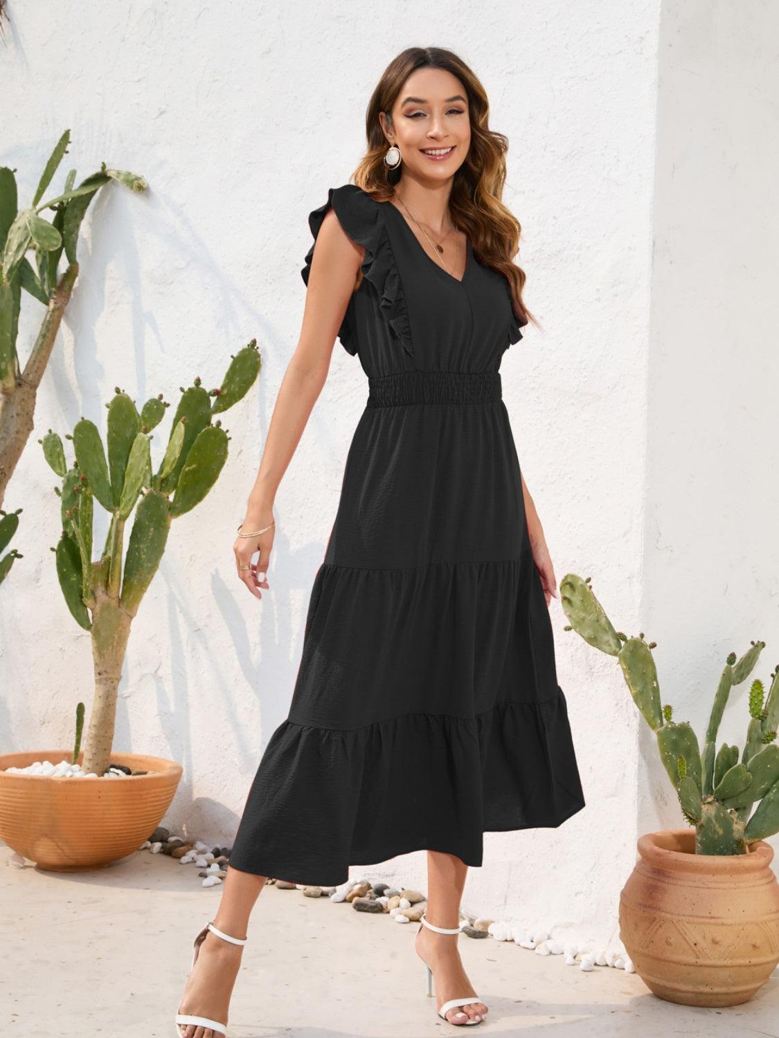 Tiered Ruffled V-Neck Cap Sleeve Dress Carauana Store