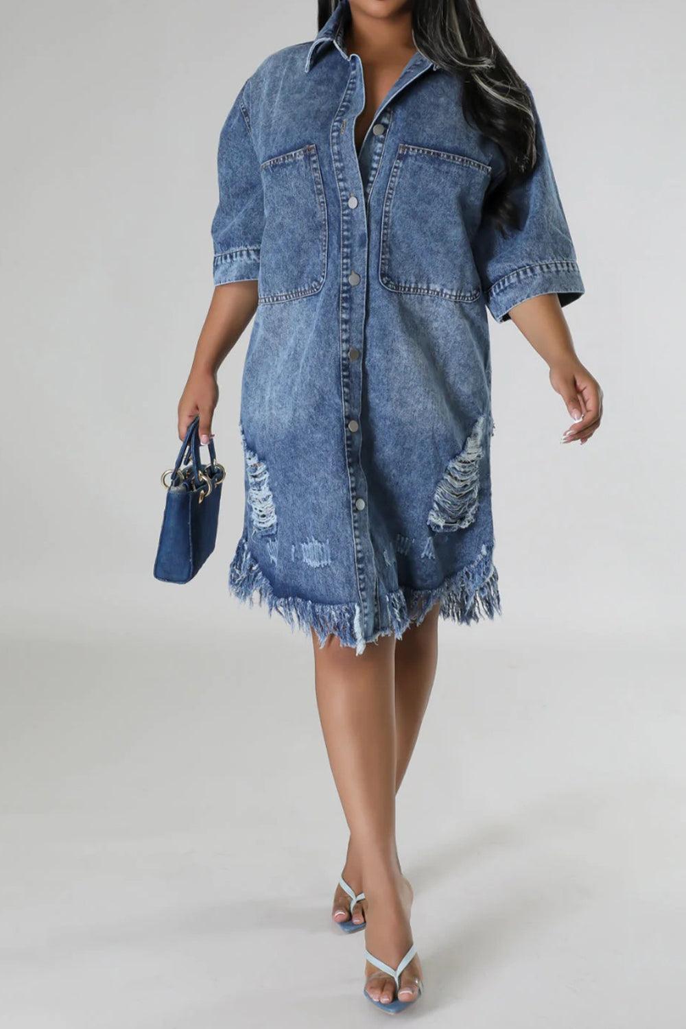 Distressed Raw Hem Button Up Denim Dress Carauana Store