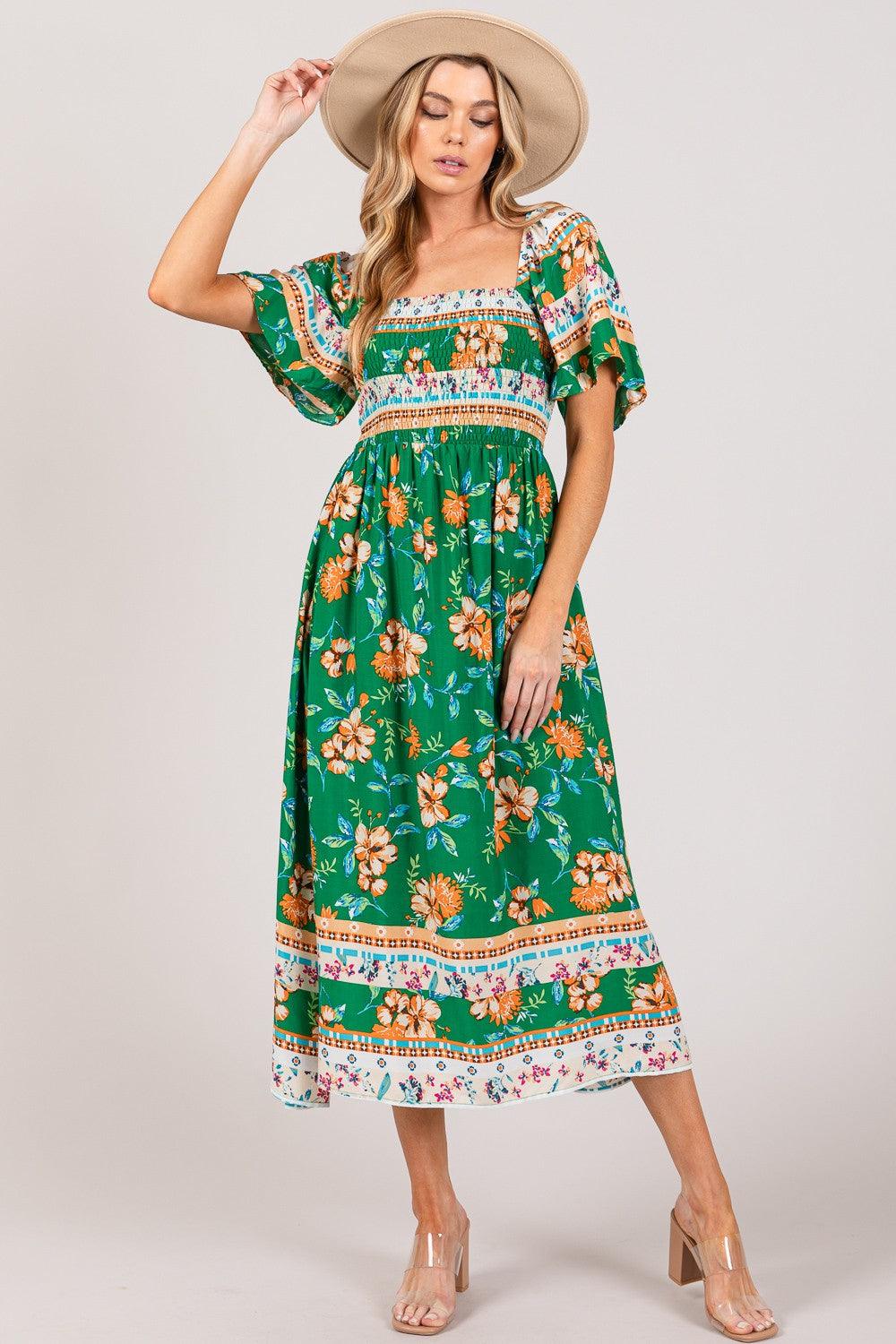 SAGE + FIG Printed Smocked Short Sleeve Midi Dress Carauana Store