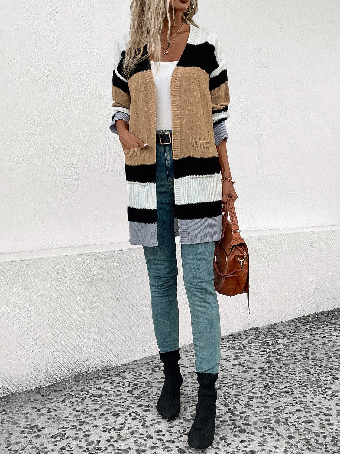 Perfee Color Block Open Front Drop Shoulder Cardigan Carauana Store