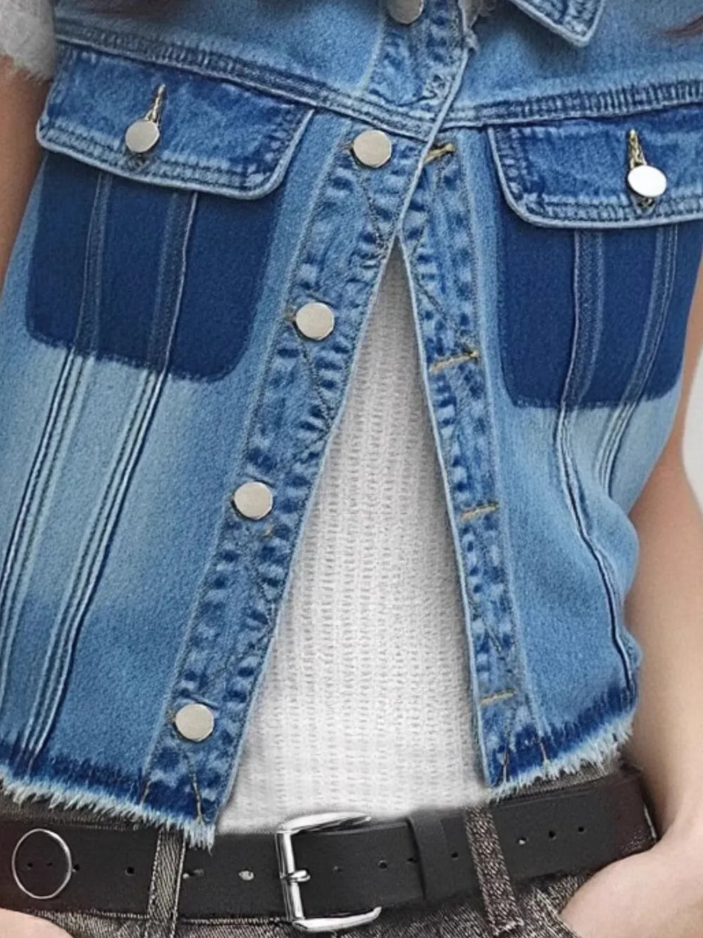 Raw Hem Pocketed Contrast Sleeveless Denim Jacket Carauana Store