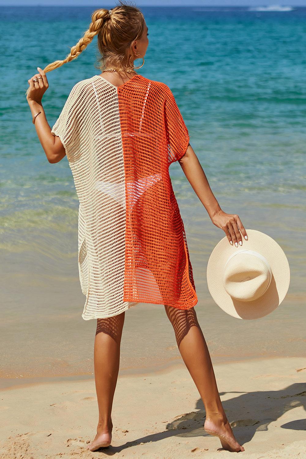 Double Take Openwork Contrast Slit Knit Cover Up Carauana Store