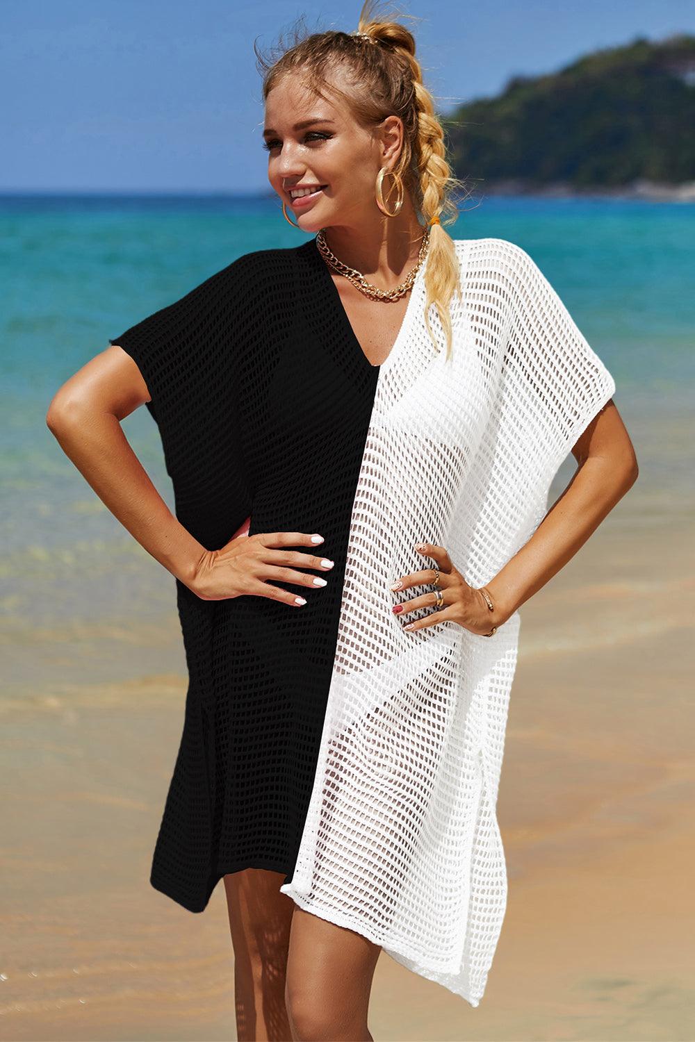 Double Take Openwork Contrast Slit Knit Cover Up Carauana Store