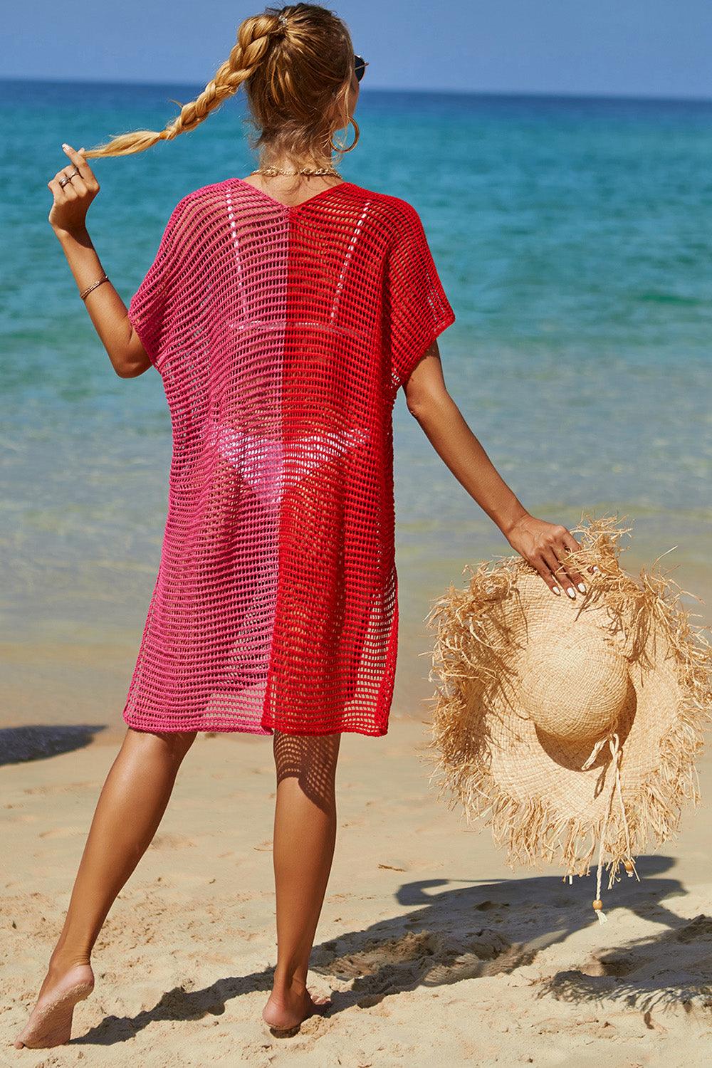 Double Take Openwork Contrast Slit Knit Cover Up Carauana Store