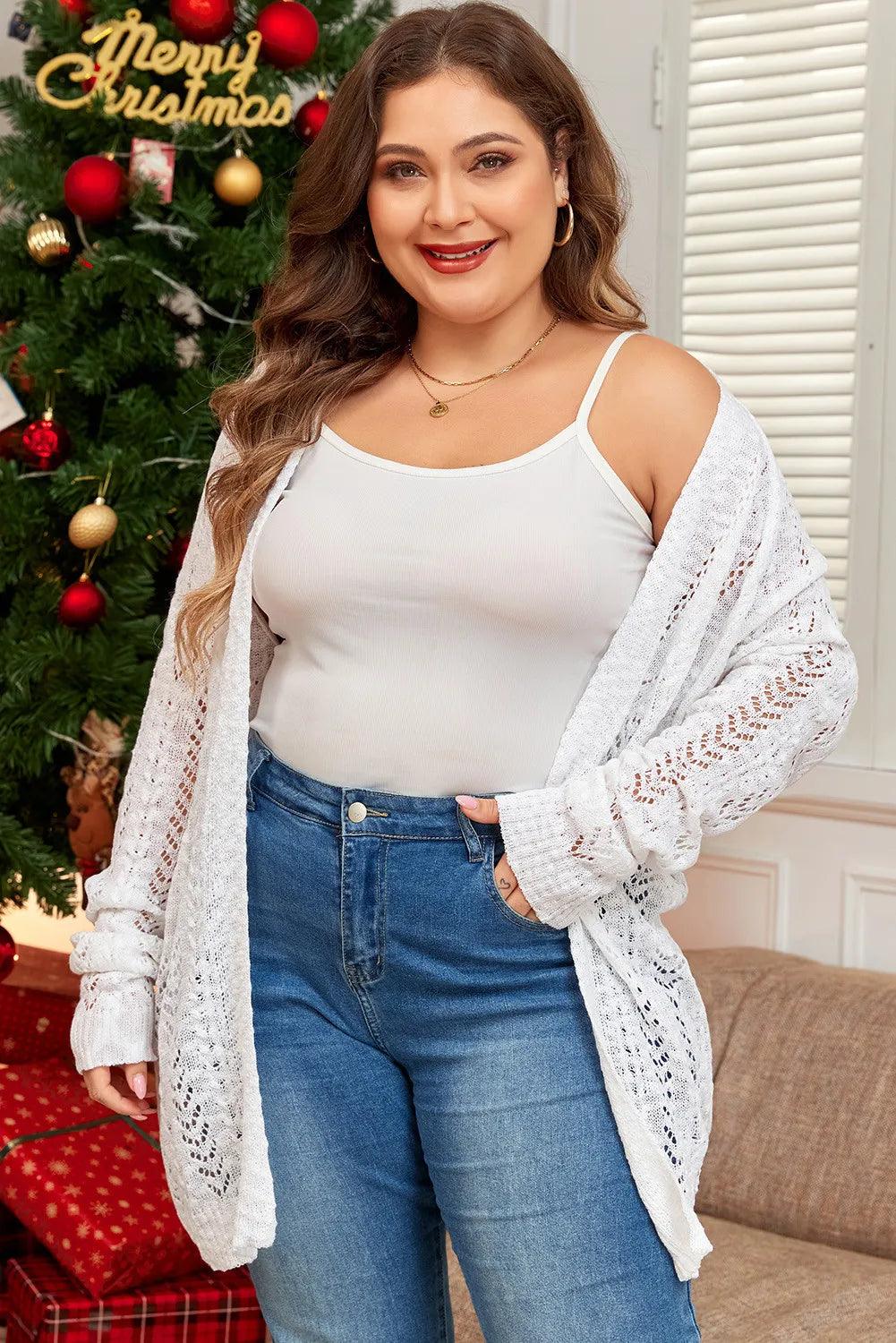 Plus Size Openwork Open Front Long Sleeve Cardigan Carauana Store