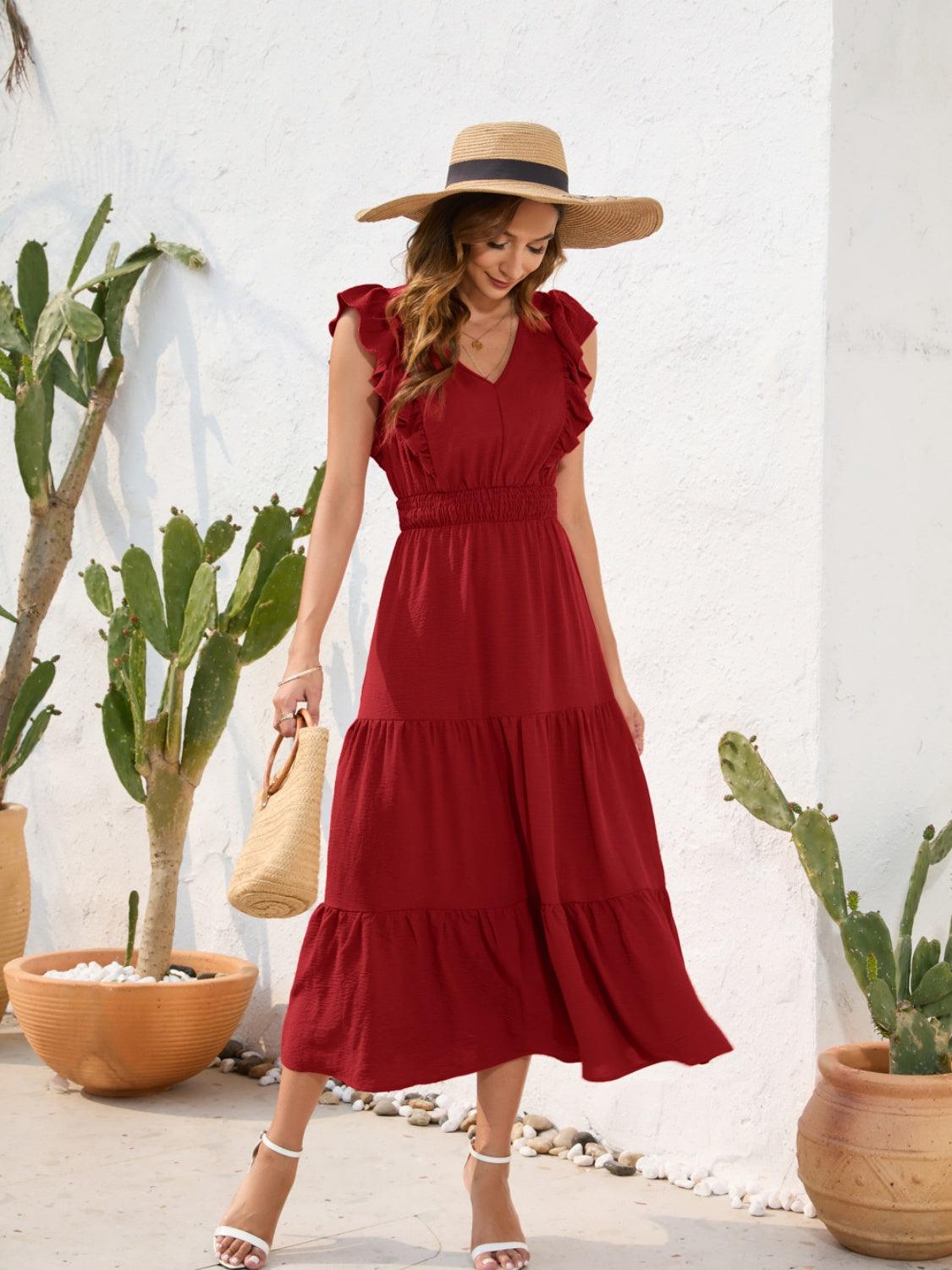 Tiered Ruffled V-Neck Cap Sleeve Dress Carauana Store