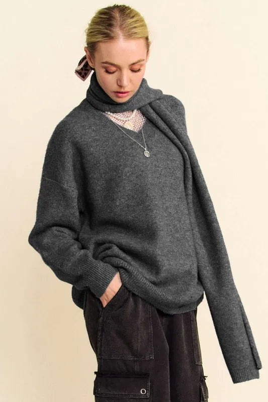 Davi & Dani V-Neck Dropped Shoulder Sweater with Scarf Set Carauana Store
