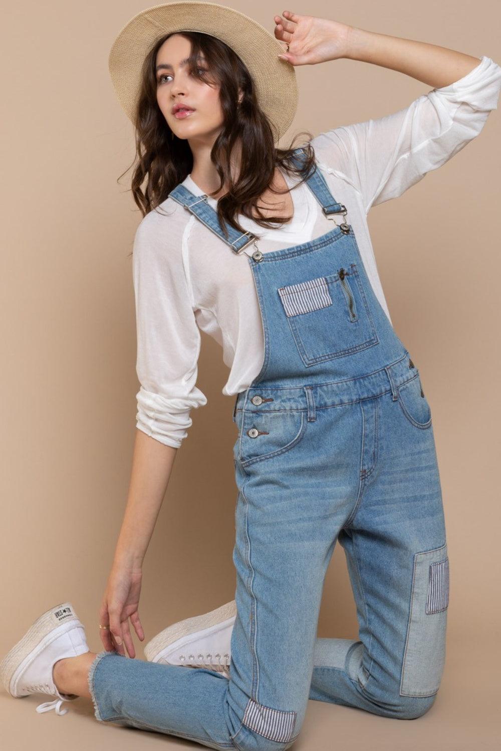 POL Front Chest Zipper Slim Leg Denim Overalls Carauana Store