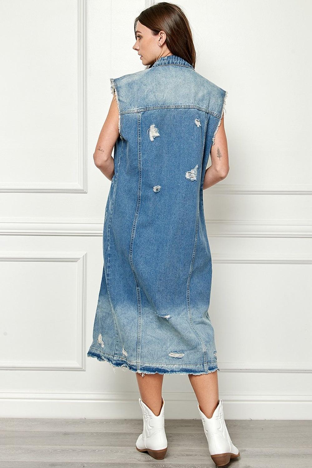 Veveret Full Size Distressed Sleeveless Longline Denim Jacket Carauana Store
