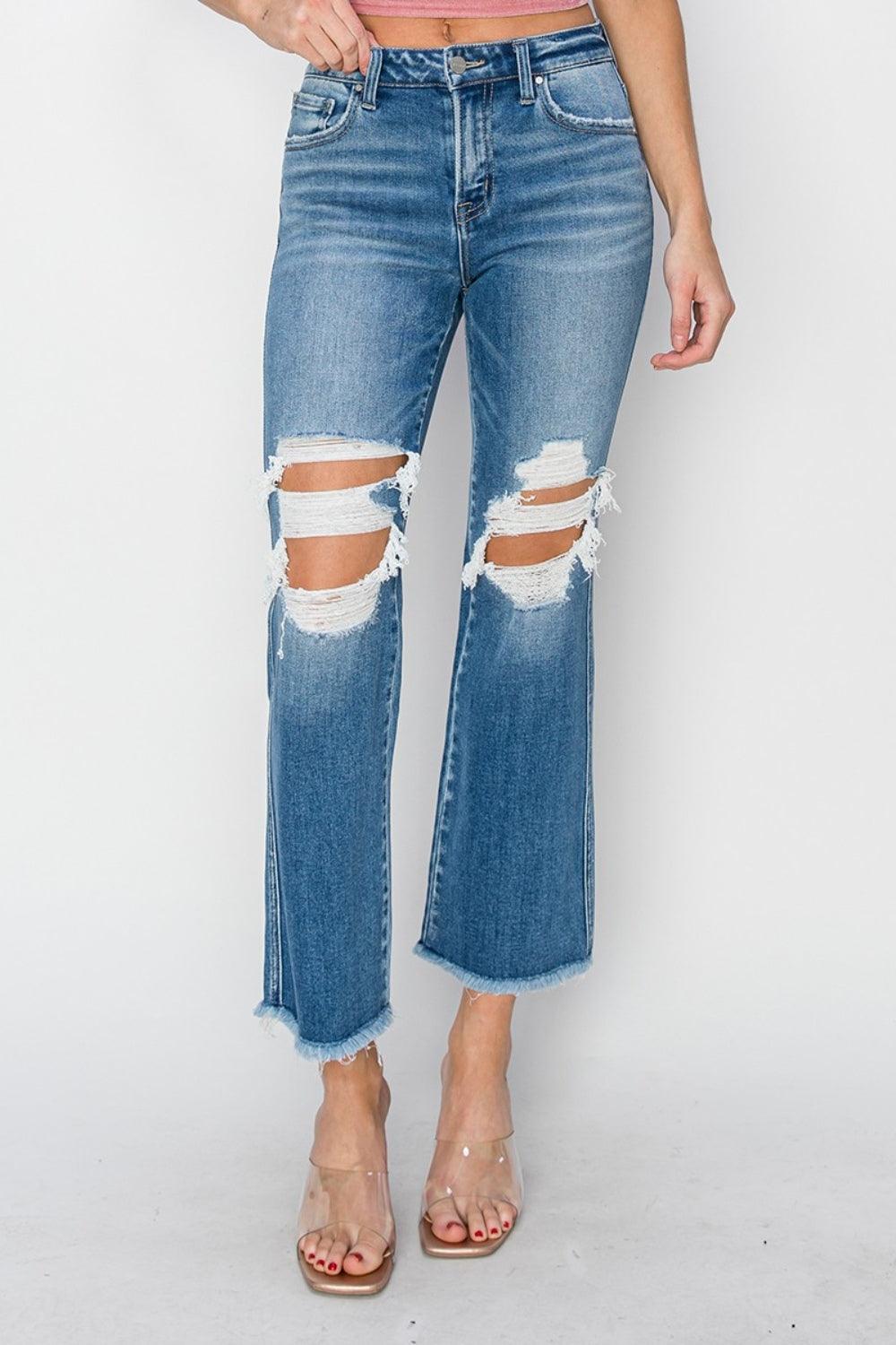 RISEN Mid Rise Distressed Cropped Flare Jeans Carauana Store