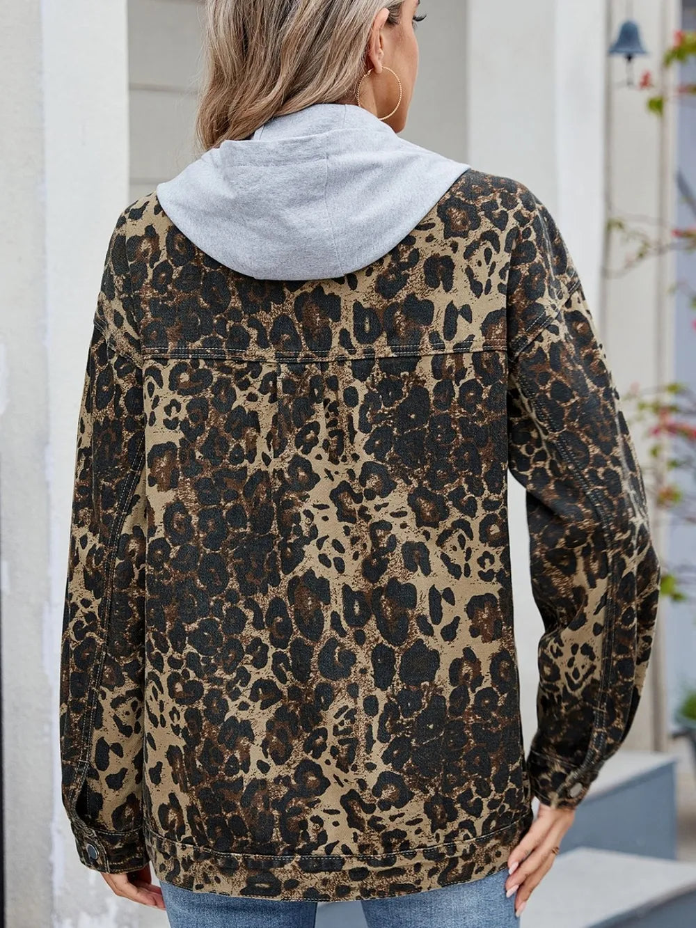Pocketed Leopard Long Sleeve Denim Jacket Carauana Store