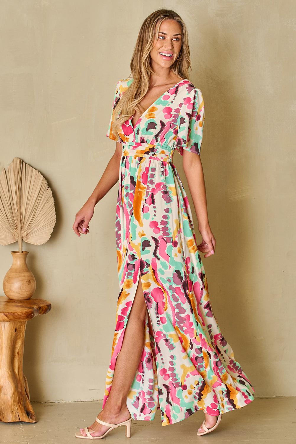 Slit Printed Surplice Short Sleeve Maxi Dress Carauana Store