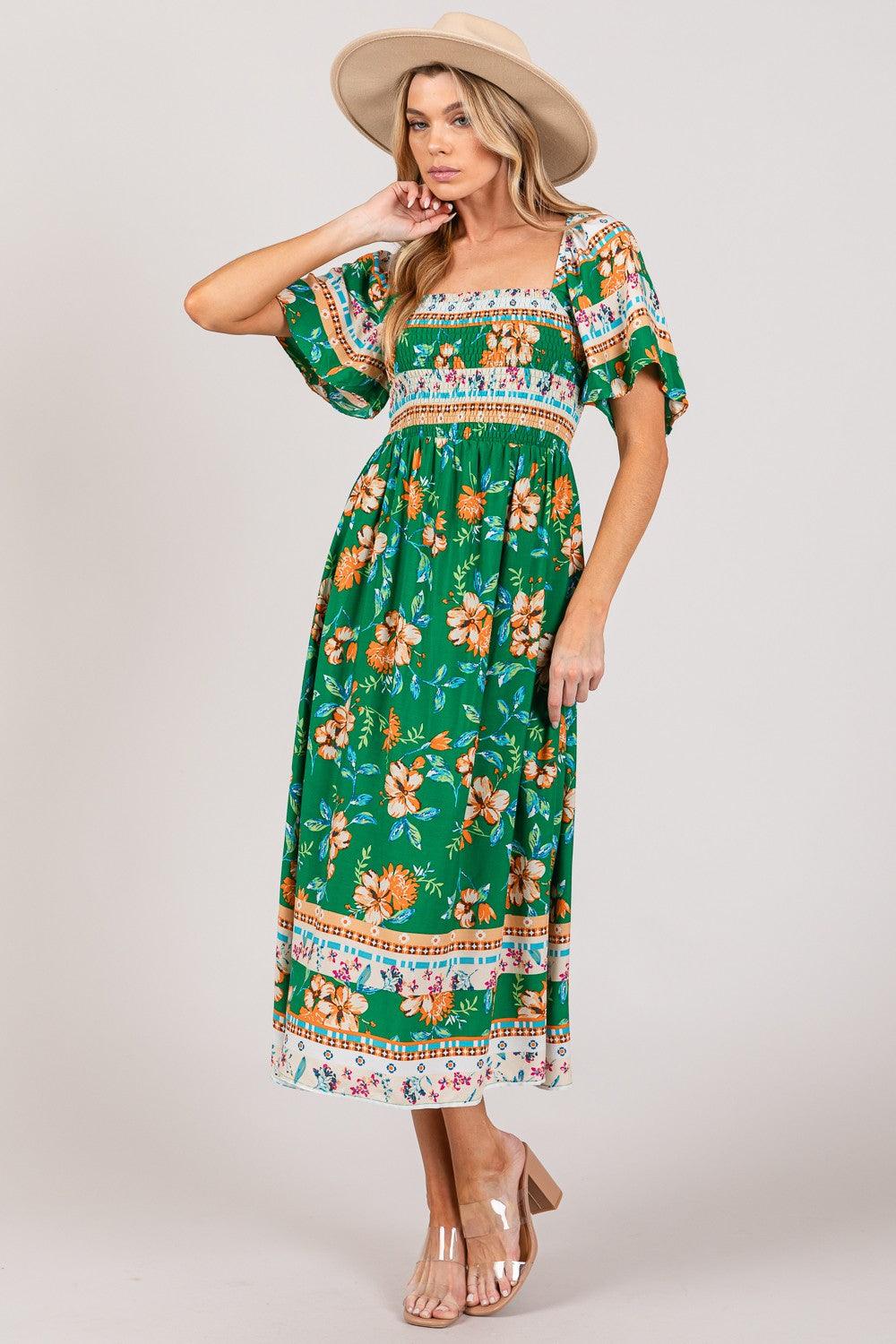 SAGE + FIG Printed Smocked Short Sleeve Midi Dress Carauana Store