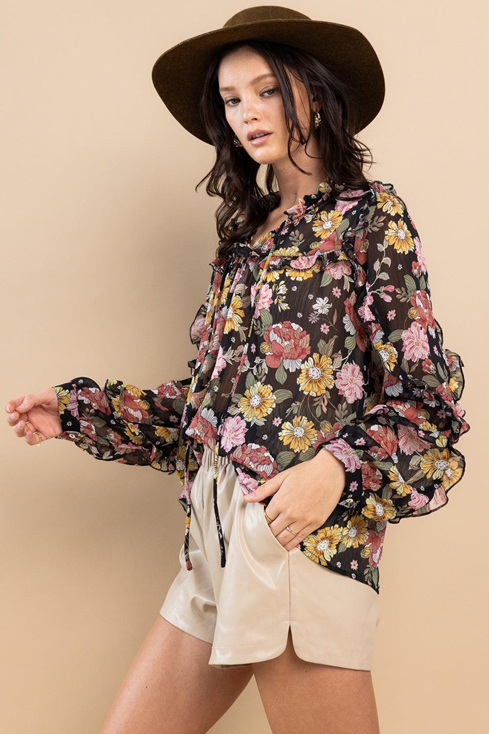 Ces Femme Ruffle Trim Long Sleeve Floral Blouse Carauana Store