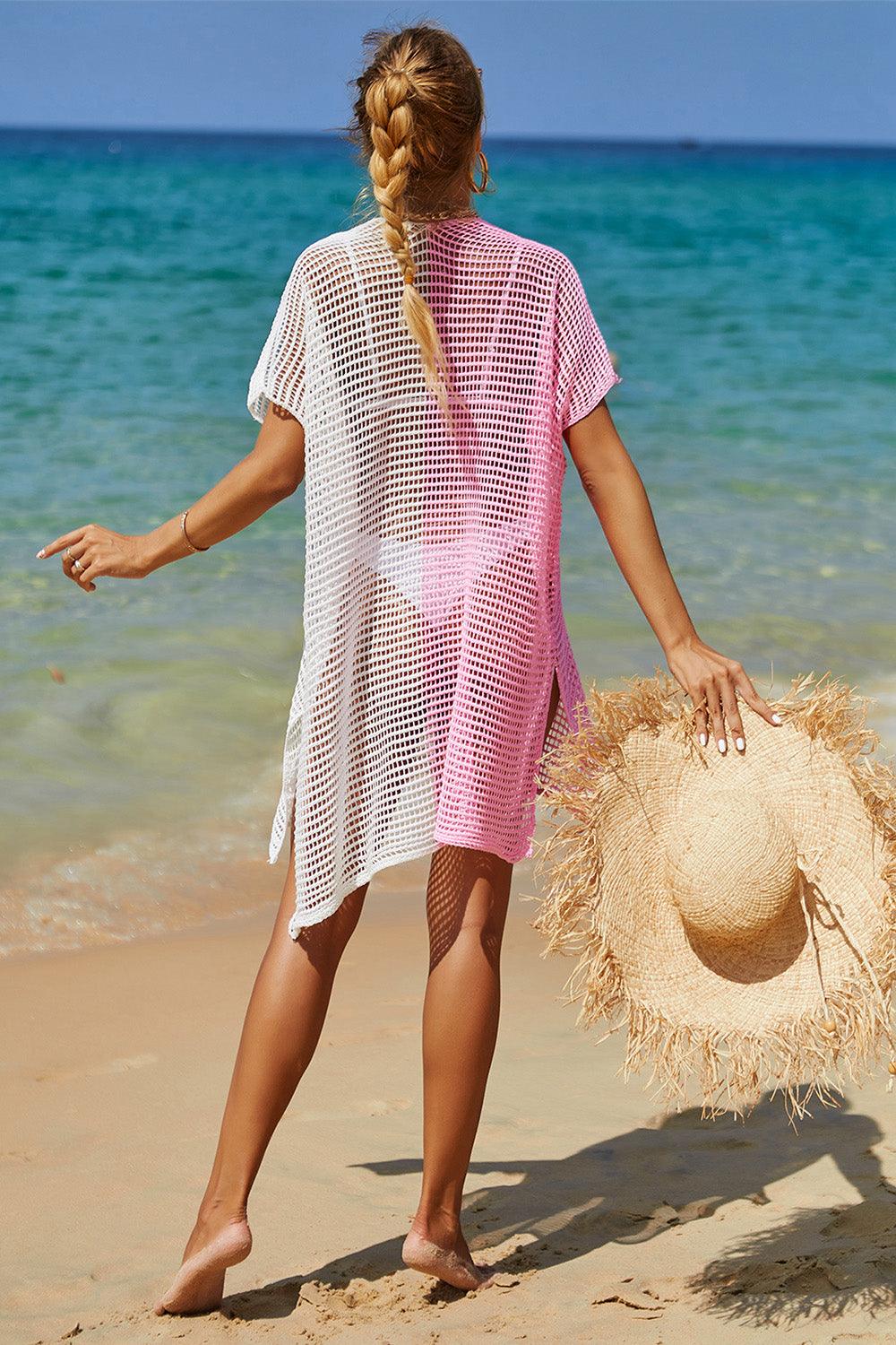 Double Take Openwork Contrast Slit Knit Cover Up Carauana Store