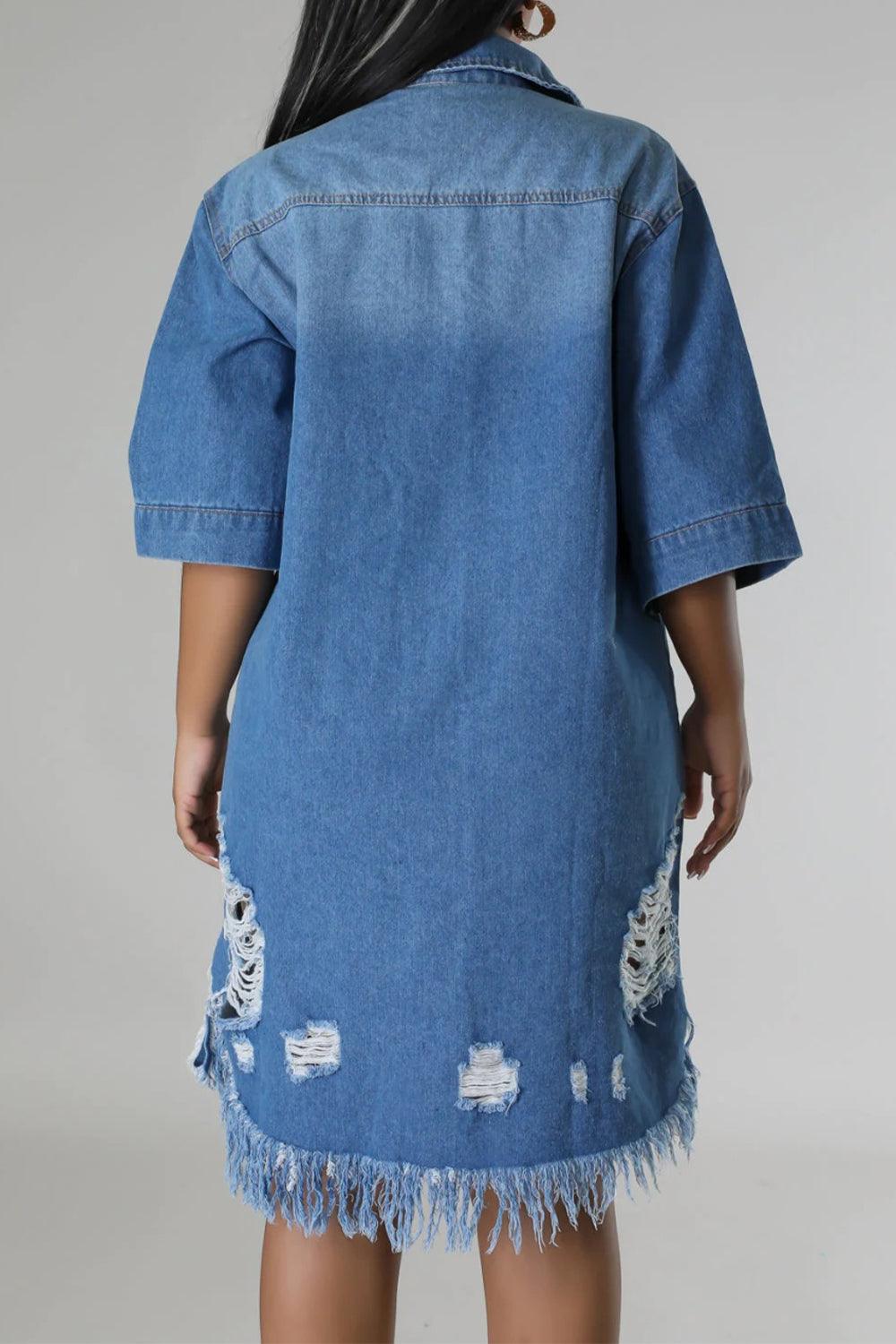 Distressed Raw Hem Button Up Denim Dress Carauana Store
