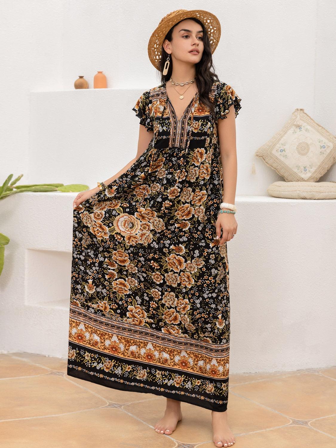 Ruffled Printed Tie Neck Cap Sleeve Dress Carauana Store