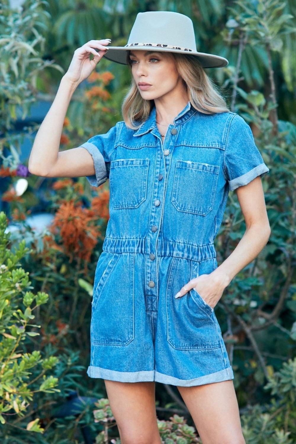 Veveret Elastic Waistband Denim Romper Carauana Store