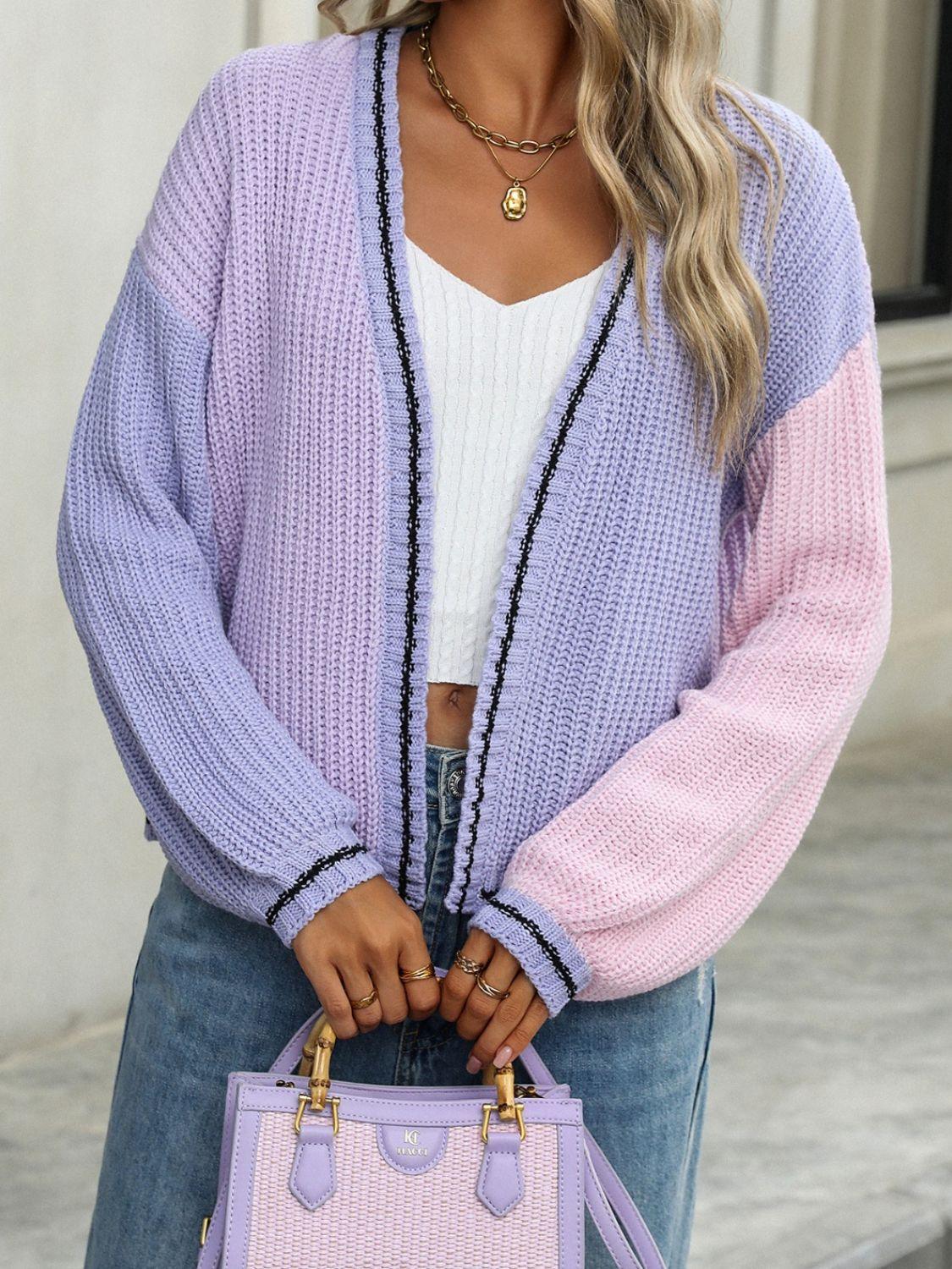 Contrast Open Front Long Sleeve Cardigan