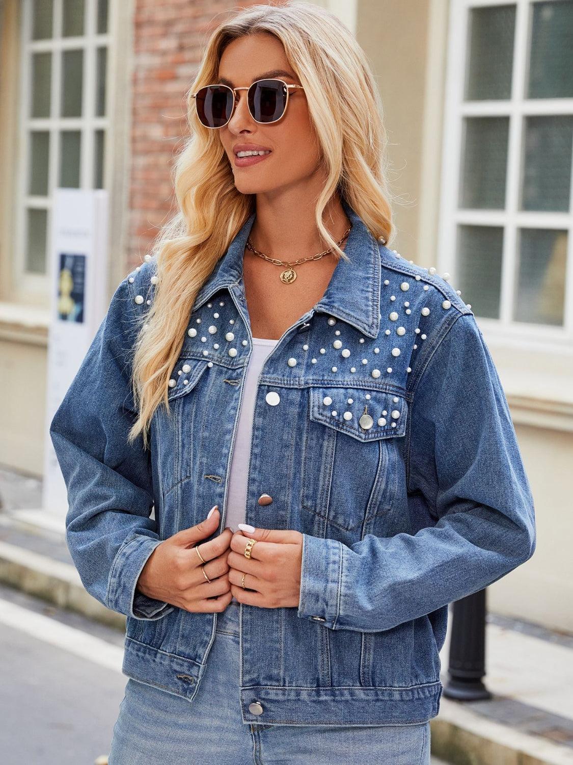 Pearl Detail Collared Neck Long Sleeve Denim Jacket