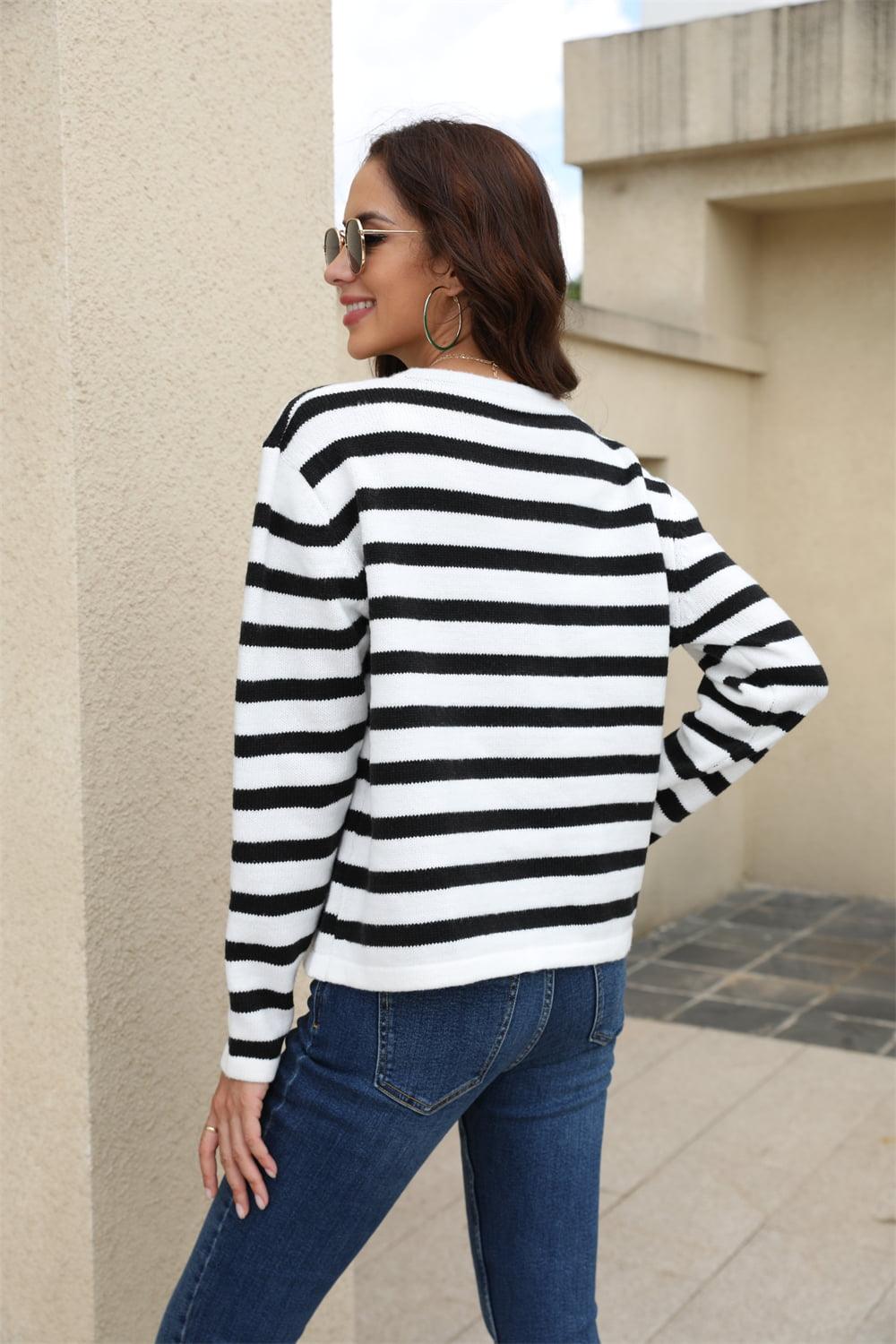 Angel Wings Striped Round Neck Button-Down Dropped Shoulder Cardigan