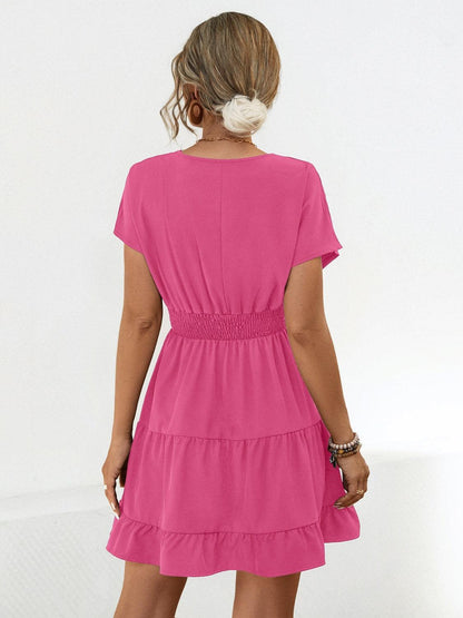 Ruffled Smocked V-Neck Tiered Dress