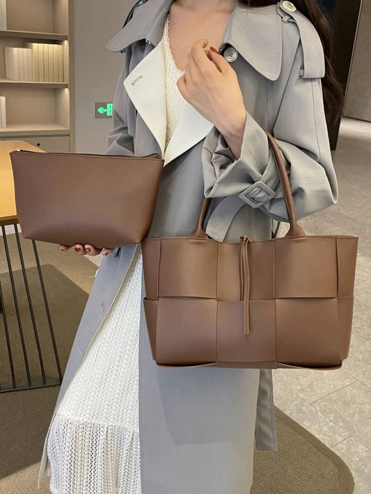 PU Leather Woven Handbag and Clutch Set Carauana Store