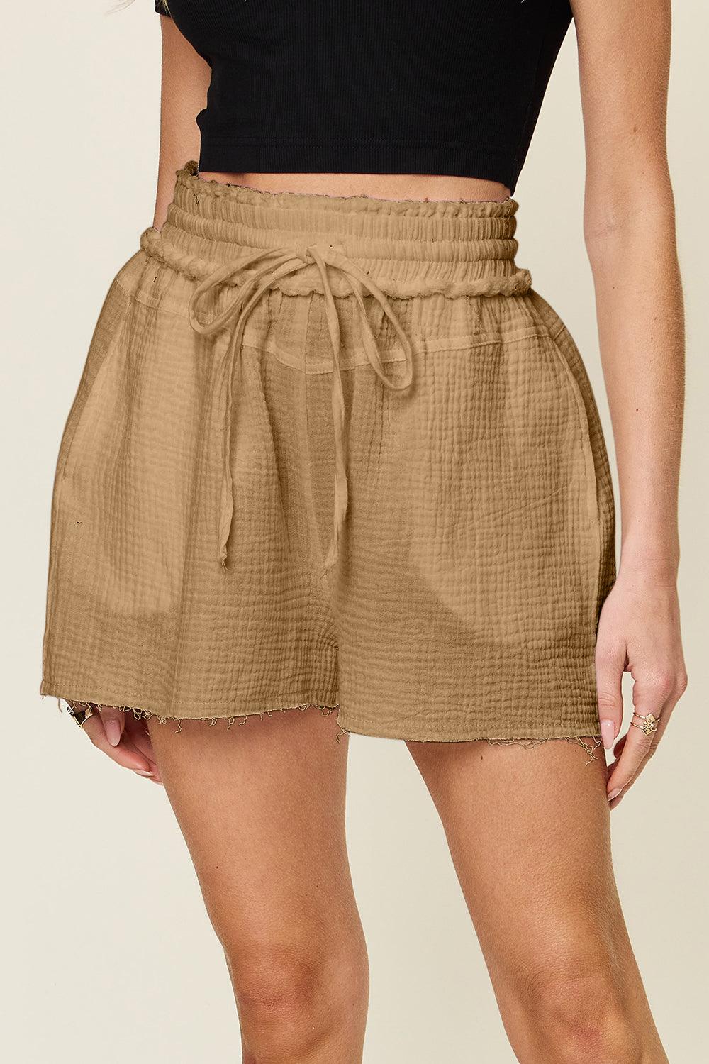 Double Take Full Size Texture Raw Trim Drawstring Shorts