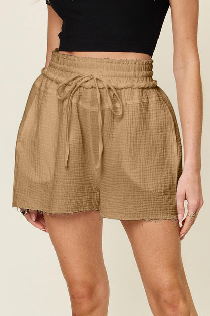 Double Take Full Size Texture Raw Trim Drawstring Shorts