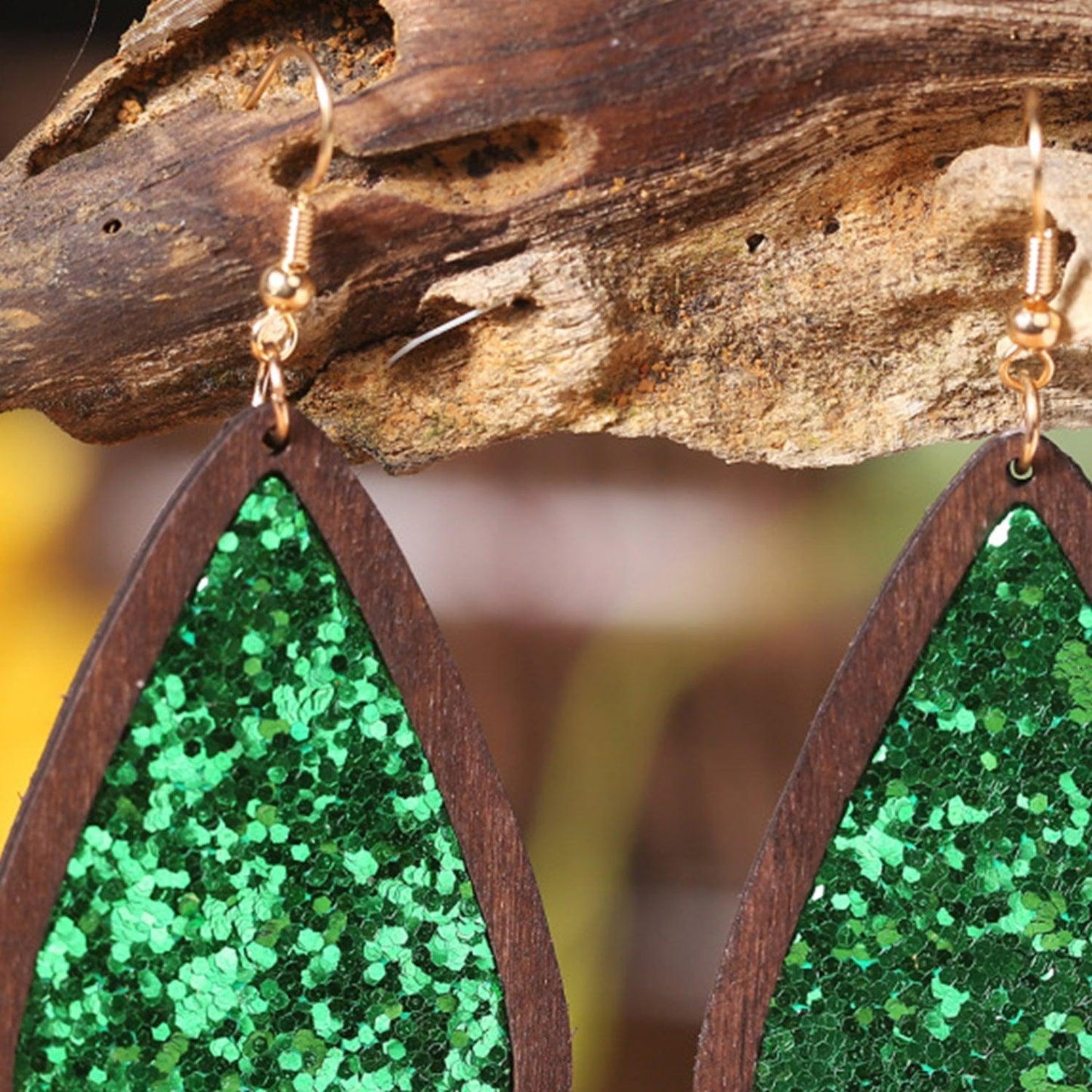 Sequin Wood Teardrop Earrings