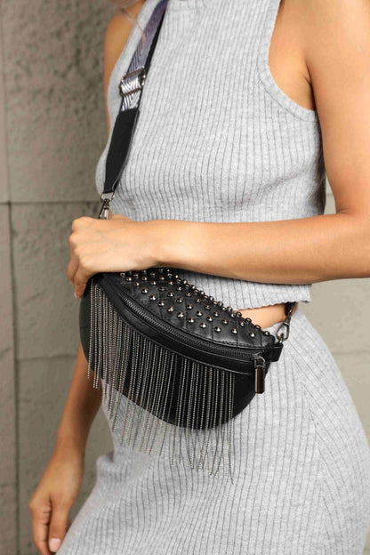 Adored PU Leather Studded Sling Bag with Fringes