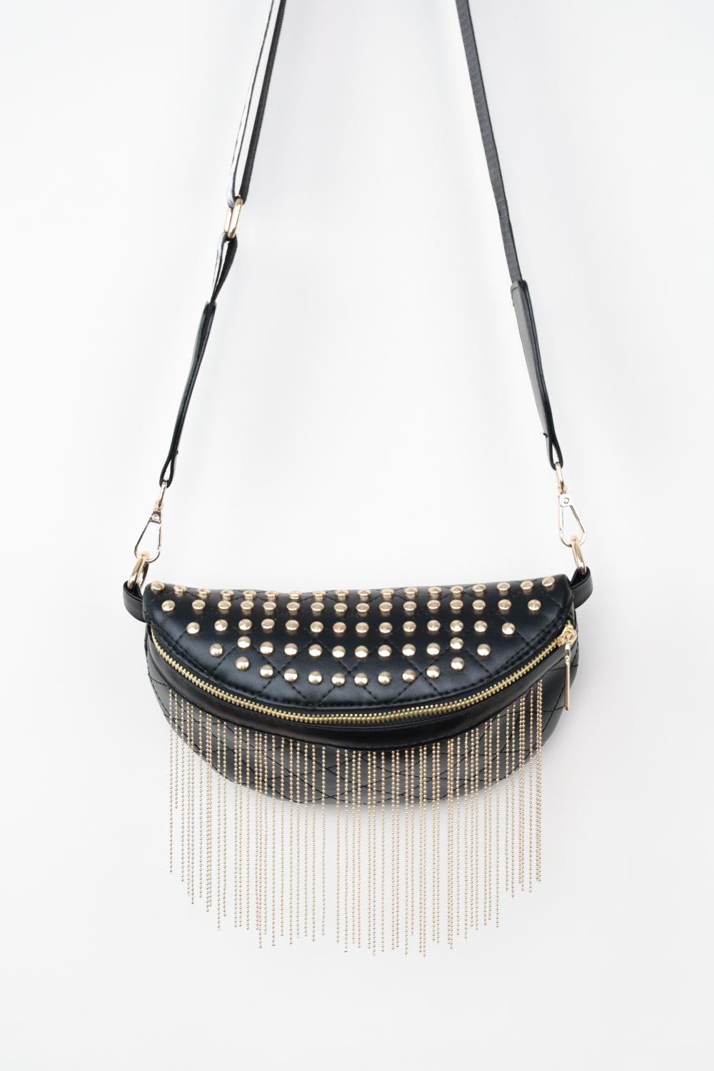 Adored PU Leather Studded Sling Bag with Fringes